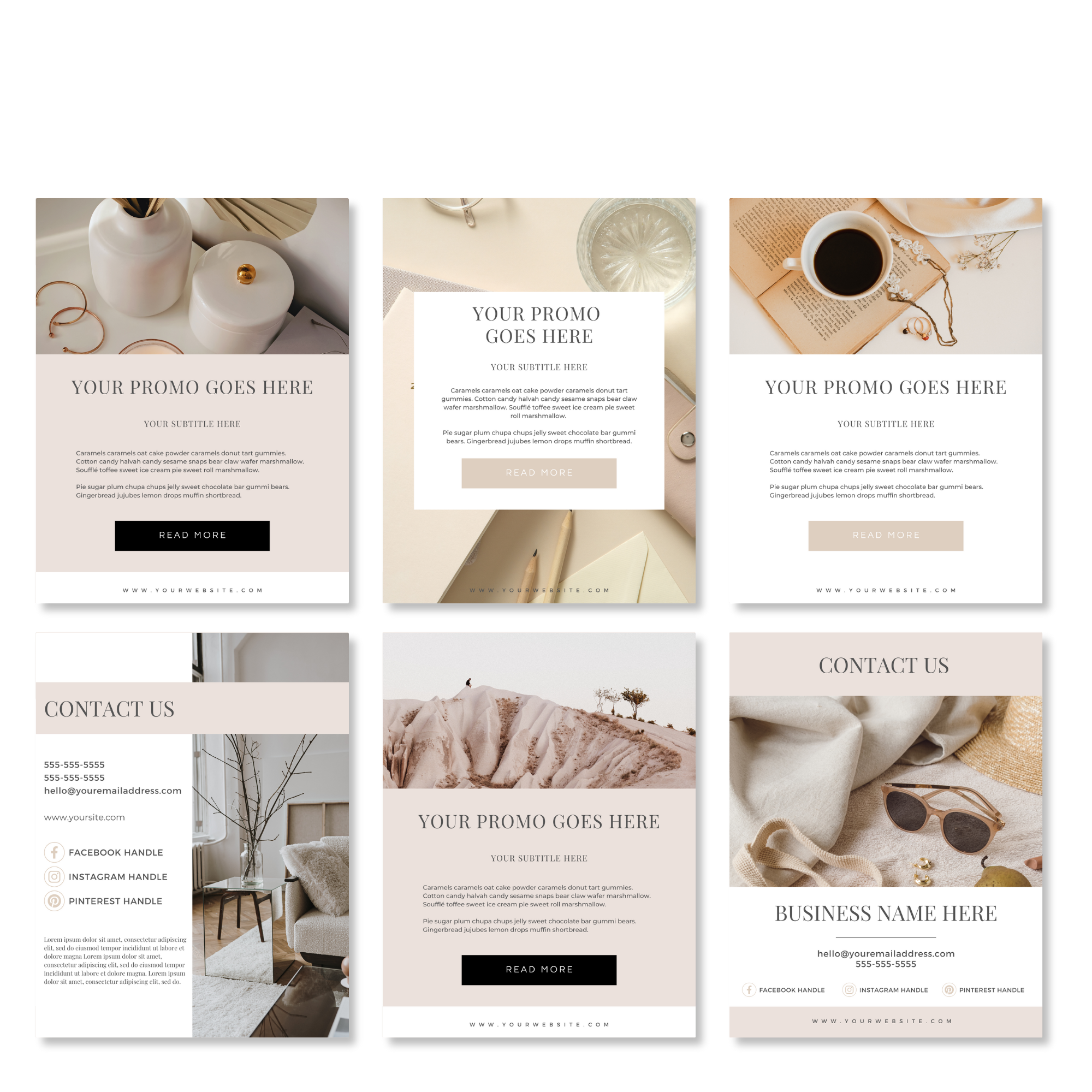 Collection of six promotional flyer templates with neutral color schemes, including images of decor, coffee, landscapes, and contact information placeholders.