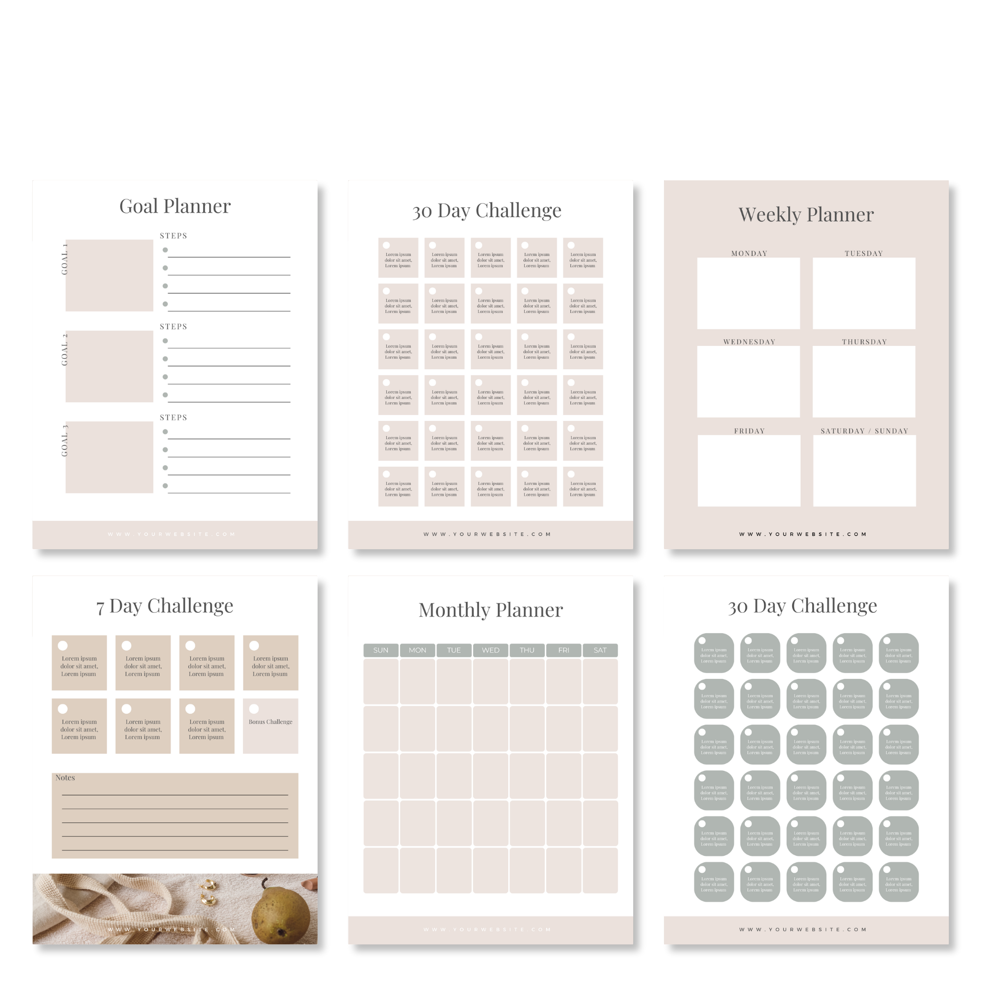 Collection of planners and challenge templates including a goal planner, 30-day challenge, weekly planner, 7-day challenge, and monthly planner, displayed with a minimalistic design.