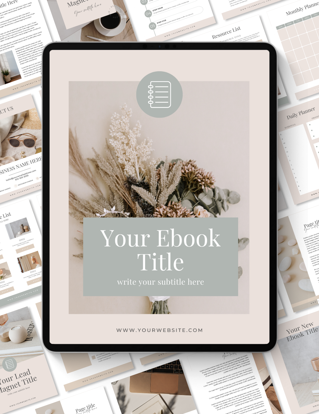 Ebook cover featuring floral arrangement and customizable text with multiple document templates in the background.