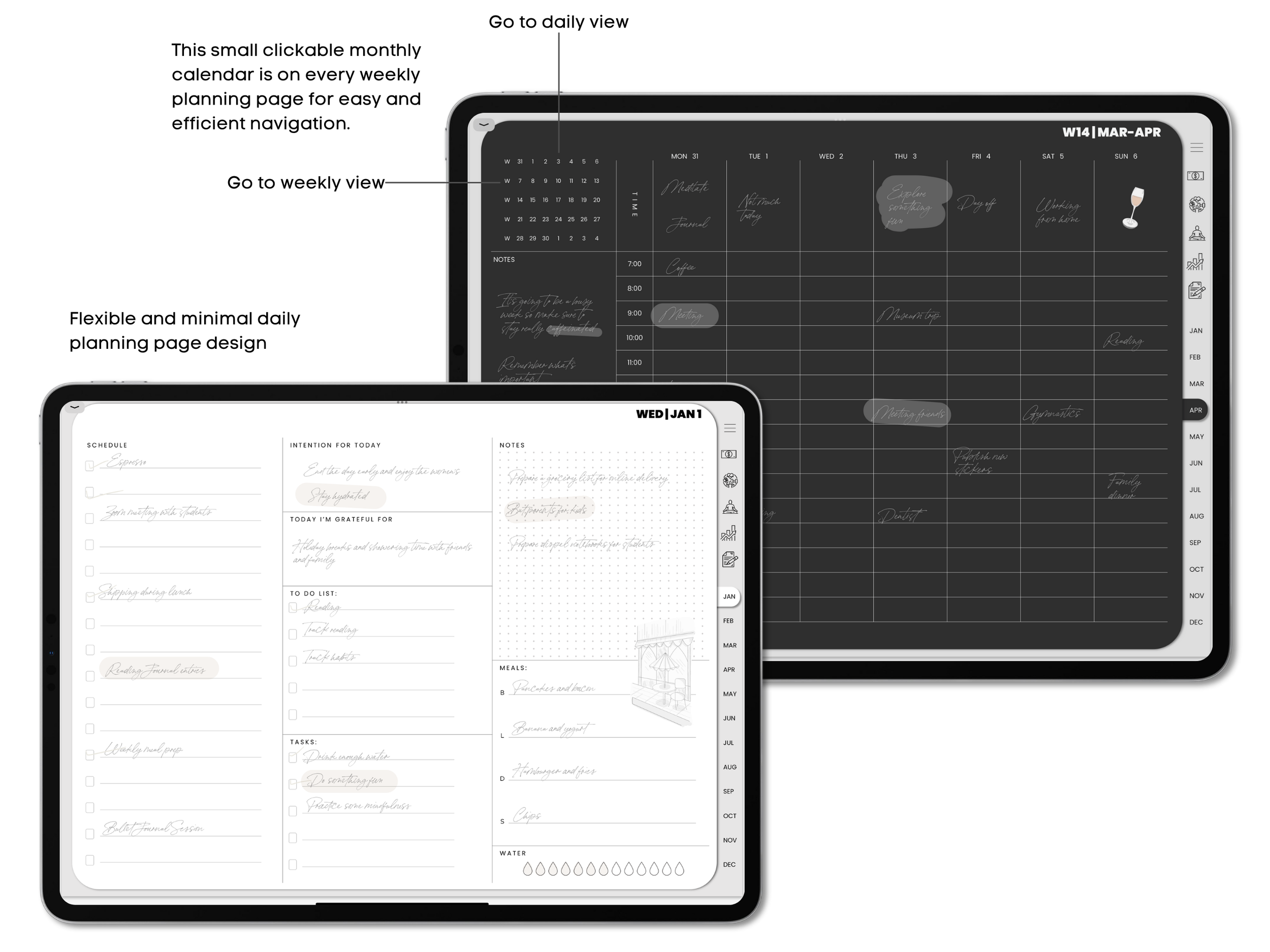 Digital planner with calendar and task lists on two tablets