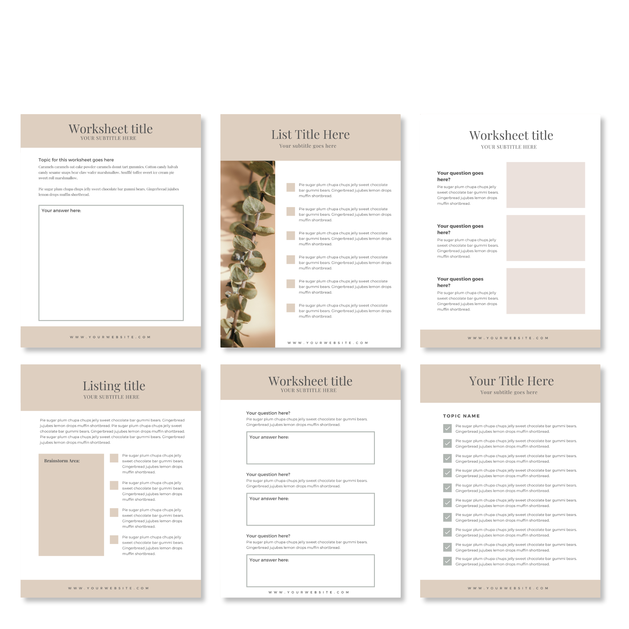 Set of six minimalist beige-themed worksheet templates with various layouts, text fields, and sections for input and labeling. Some pages include lists and image placeholders. Website URL placeholder "www.yourwebsite.com" is at the bottom of each page.