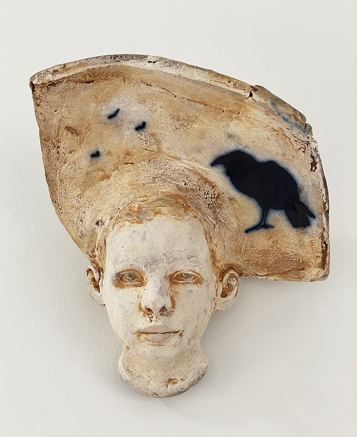 “Thoughts & Memories Head, No 5” ©HG (SOLD), Mid Fire Sculptural Clay, Engobe, Oxide, and Underglaze, 7-1/2” H x 6-1/2” W x 4” D.