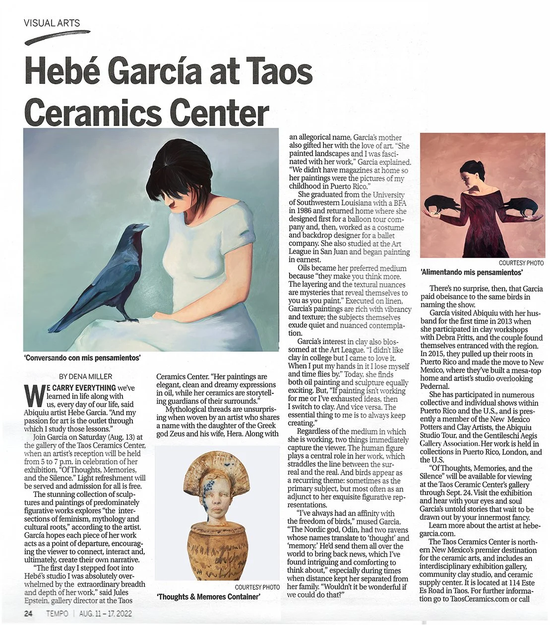 Newspaper arts page featuring the article “Hebé García at Taos Ceramics Center,” with images of García’s figurative paintings and ceramic sculpture from the exhibition Of Thoughts, Memories, and the Silence.