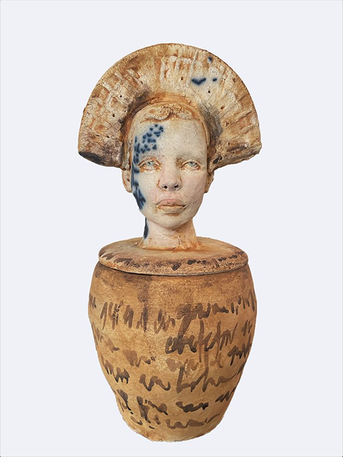 “Thoughts & Memories Container, No 1” ©HG, (SOLD). Mid Fire Sculptural Clay, Engobe, Oxide, and Underglaze, 12-1/2” H x 6” W x 6” D.