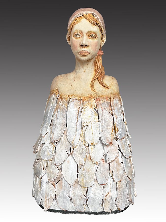 "Recuerdos de un Entonces" ©HG, Mid-fire sculptural clay, engobe, oxide, and glaze, 22” H x 13” W x 8” D.