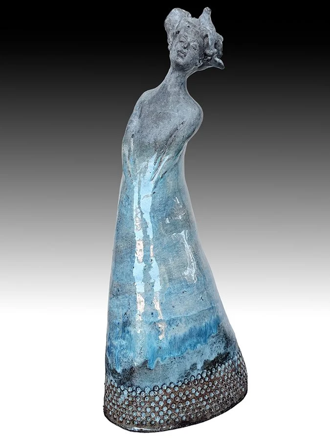 "En Tiempos de Azul" ©HG. Clay and glaze. 15-1/4” H x 6” W x 4” D.