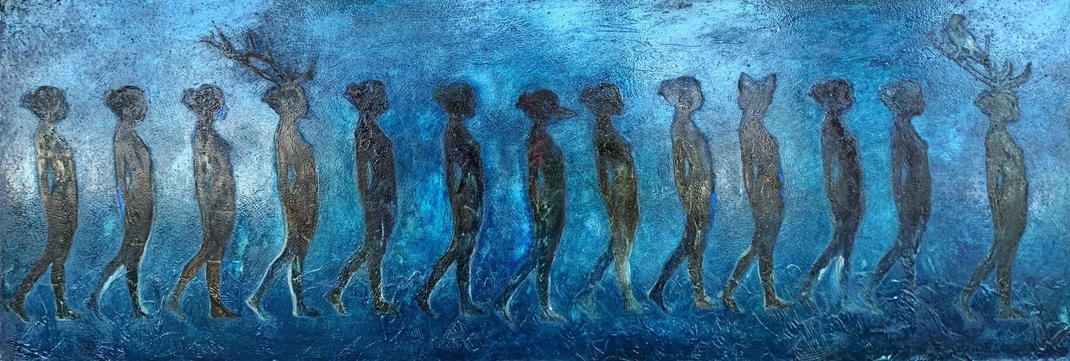 "Dreaming of past lives" © HG. Oil on Ampersand Gessobord, 12” x 36” x 2”.