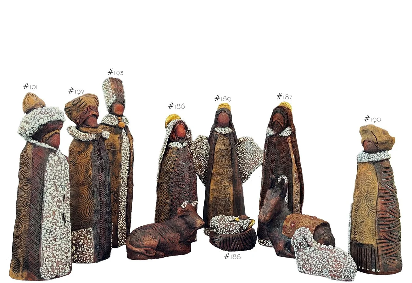 "Viajeros, 186-193~Nativity ", set of clay figures representing the Nativity scene, ©HG (Sold). Sculptural Clay, Oxide, and Glaze. 
