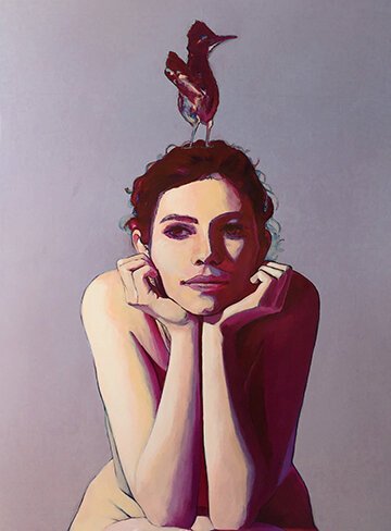 Oil painting of a woman with short dark hair resting her chin on her hands, with a bird perched on her head.