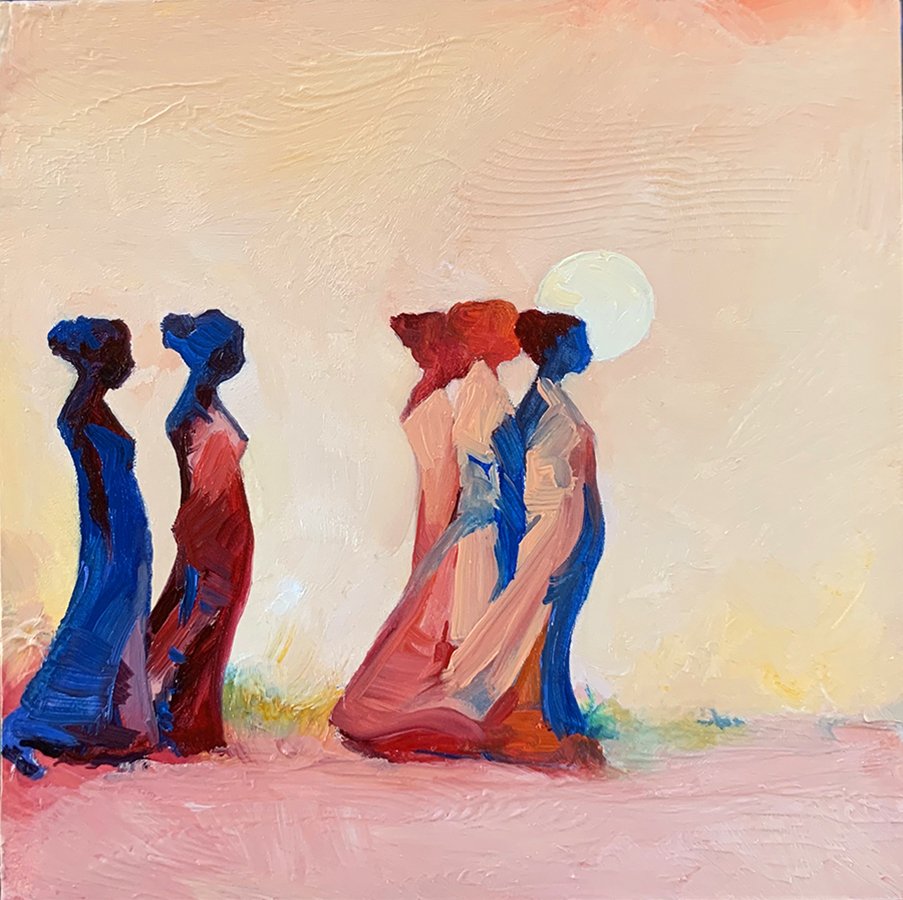"El hilo que nos une" ©HG, (SOLD) Oil on ampersand gessobord, 5" x 5".