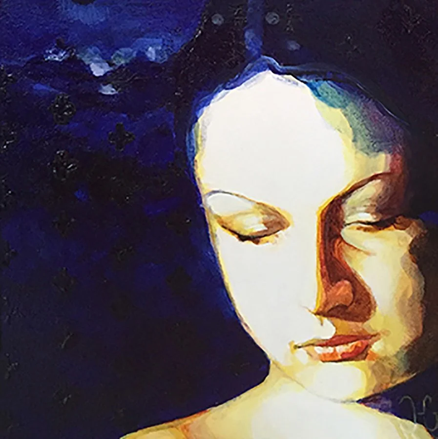 "Desert Moonlight" © HG (SOLD). 
Acrylic on Ampersand Gessobord, 5” x 5”.