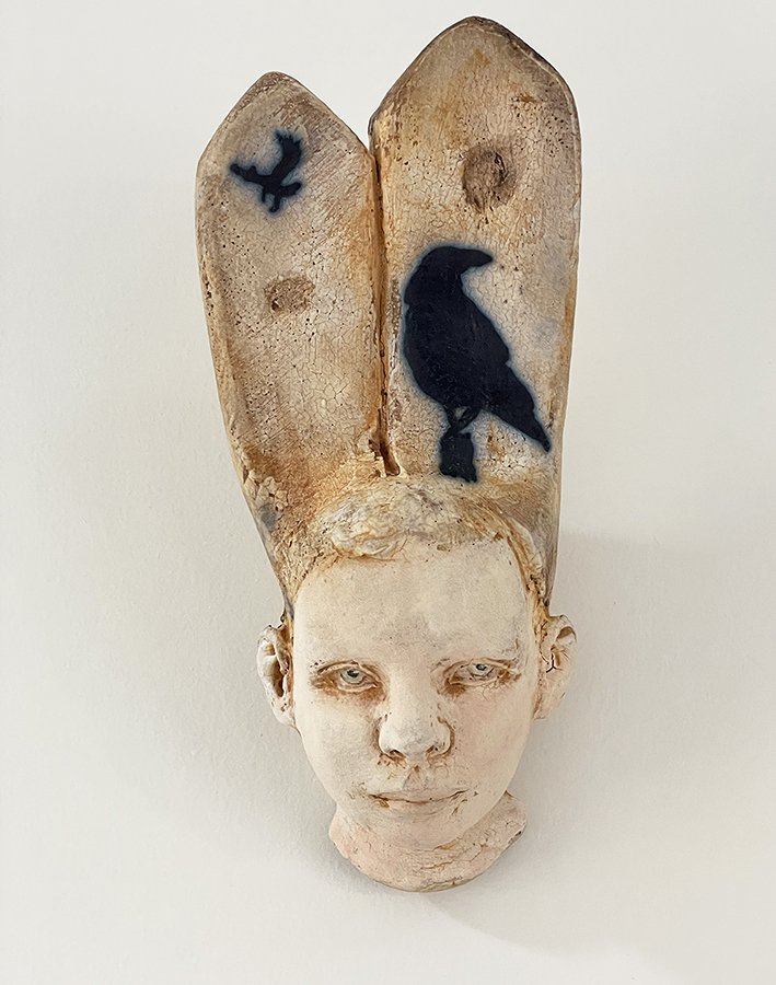 “Thoughts & Memories Head, No 9” ©HG, Mid Fire Sculptural Clay, Engobe, Oxide, and Underglaze, 8-1/2” H x 3-1/2” W x 4-1/4” D.