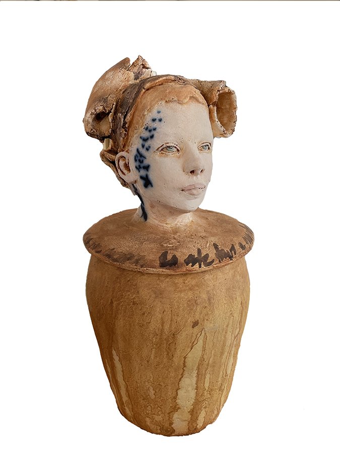 “Thoughts & Memories Container, No 6” ©HG, Mid Fire Sculptural Clay, Engobe, Oxide, and Underglaze, 12-1/2” H x 6-1/2” W x 6-1/2” D.