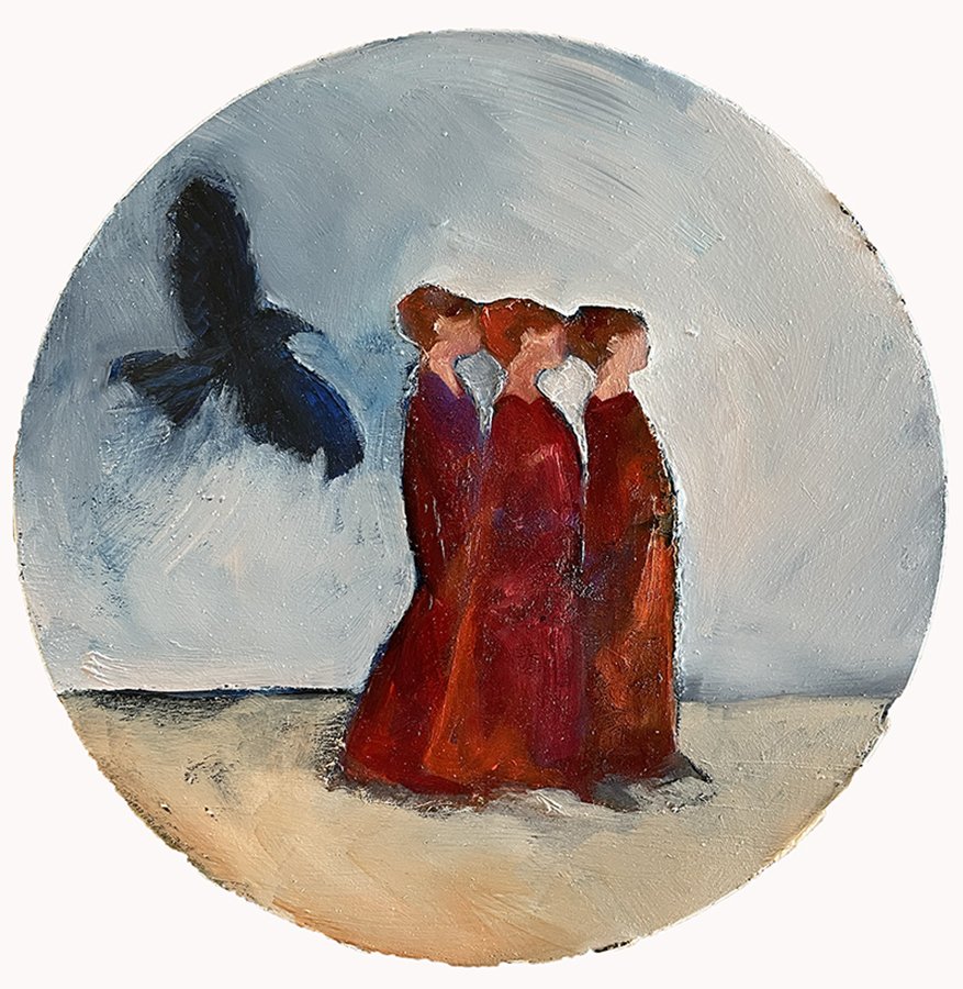 "Sometimes we wander out of beaten ways" ©HG (SOLD), Oil on Natural Maple board, 8” C.