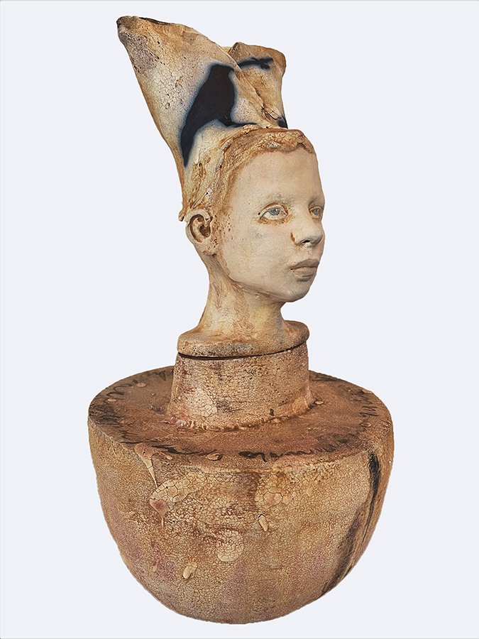 “Thoughts & Memories Container, No 2” ©HG, Mid Fire Sculptural Clay, Engobe, Oxide, and Underglaze, 14” H x 7-1/2” W x 7-1/2” D.