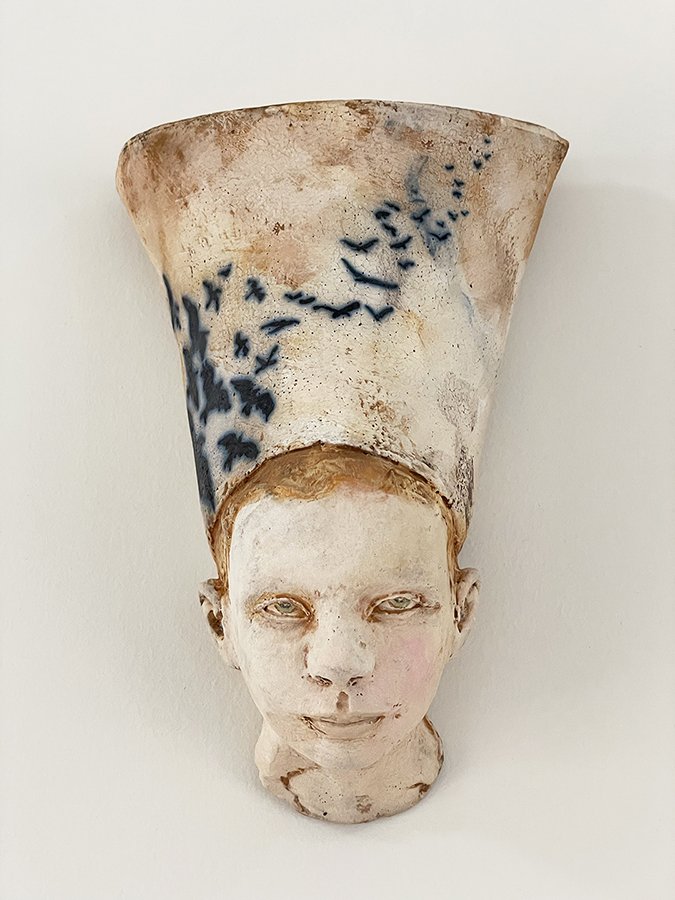 “Thoughts & Memories Head, No 2” ©HG (SOLD), Mid Fire Sculptural Clay, Engobe, Oxide, and Underglaze, 8-3/4” H x 6” W x 3-1/2” D.