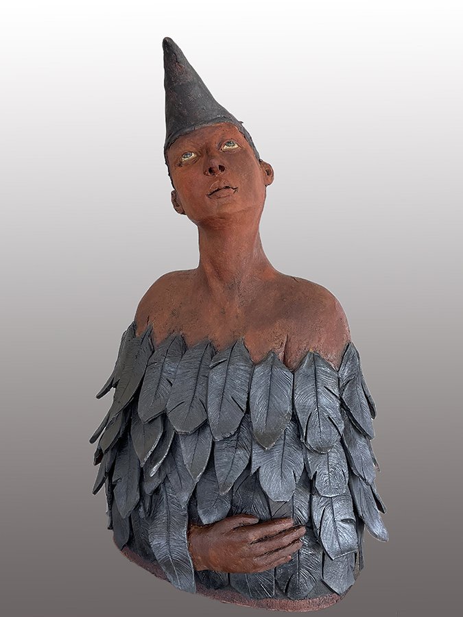 "No soy la voz, sino el eco" ©HG, Mid-fire red sculptural clay, oxide, and underglaze, 20-1/2” H x 13” W x 10-1/2” D