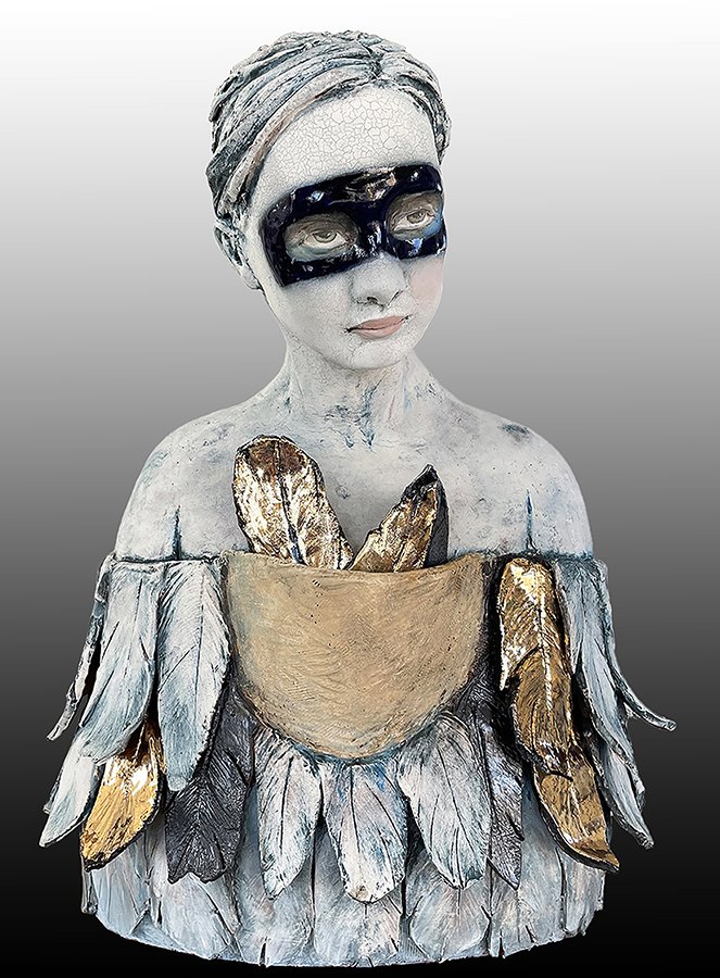 "Agarrando las memorias que desvanecen" ©HG (SOLD), Mid-fire red sculpture clay, engobe, underglaze, glaze, and luster, 16” H x 13” W x 9” D.