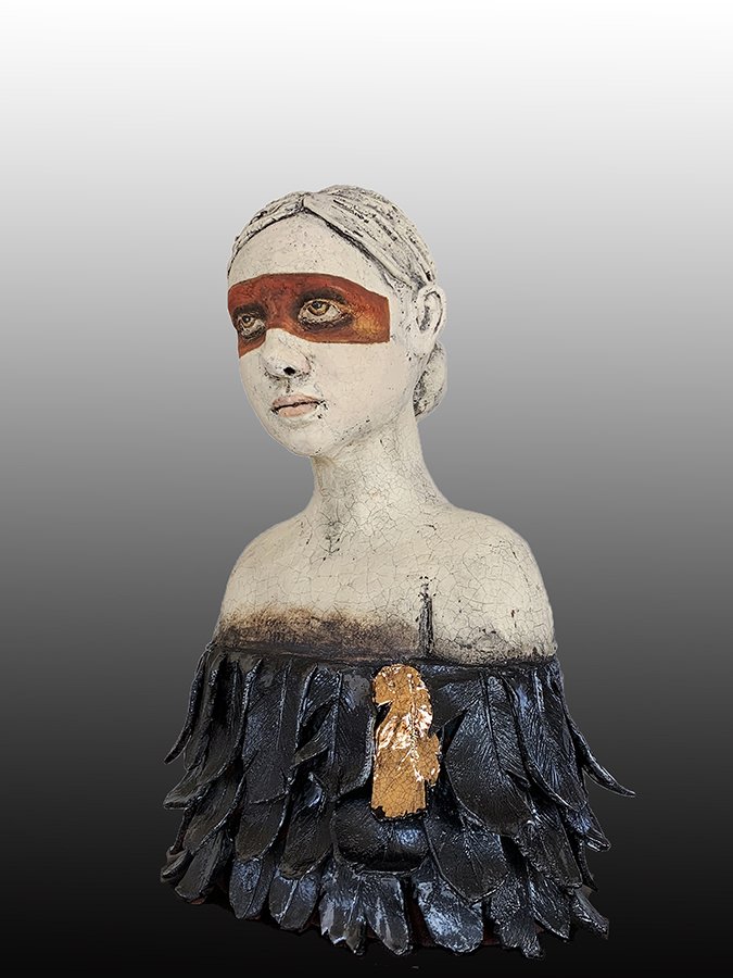 "Pensamientos y memorias" ©HG (SOLD), Mid-fire red sculptural clay, Engobe, Oxide, Underglaze, and Luster, 16” H x 12” W x 8” D.