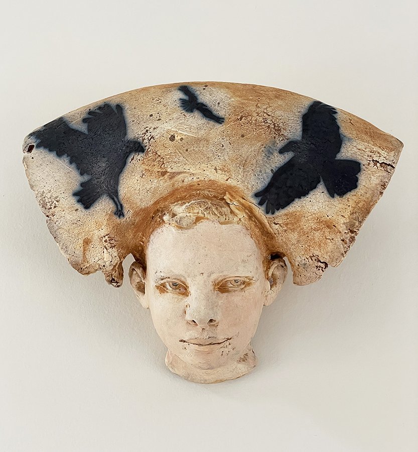 “Thoughts & Memories Head, No 7” ©HG, Mid Fire Sculptural Clay, Engobe, Oxide, and Underglaze, 6-1/2” H x 7-1/2” W x 4-1/2” D.