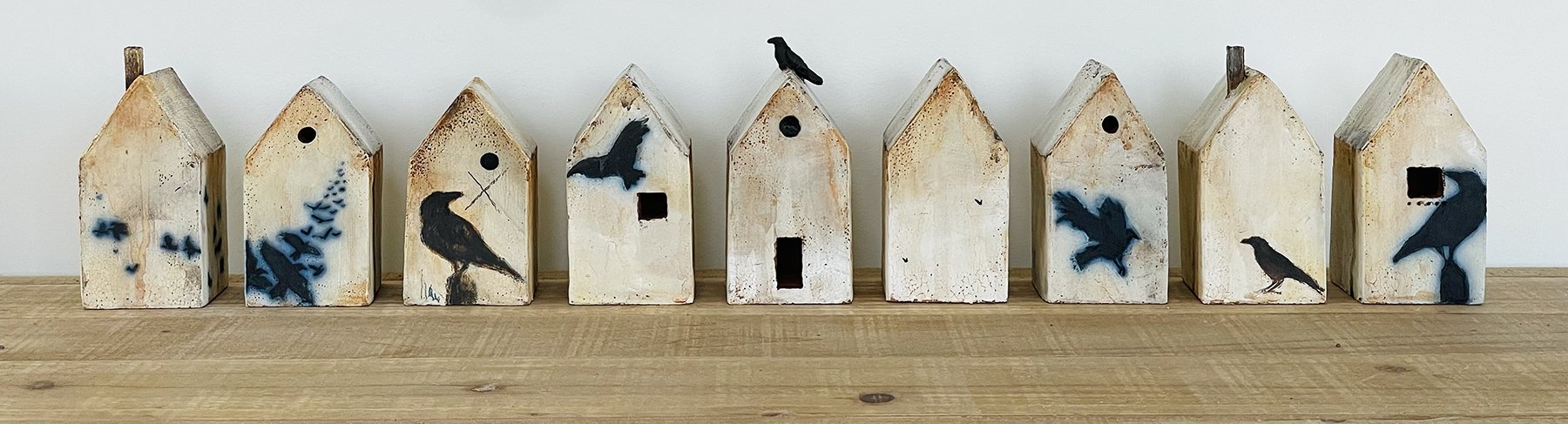 “Thoughts & Memories Houses" ©HG, Mid Fire Sculptural Clay, Engobe, Oxide, and Underglaze.
