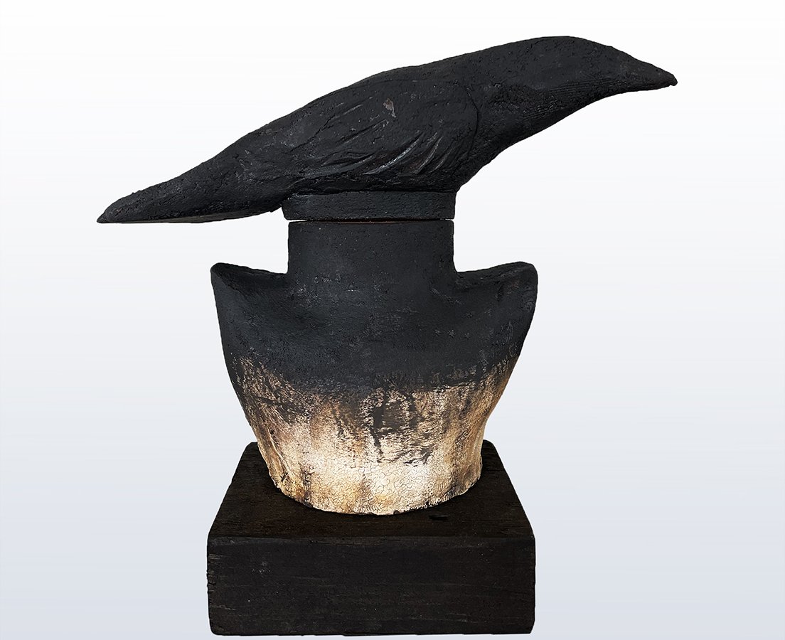“Thoughts & Memories Container, No 9” ©HG (SOLD), Mid Fire Sculptural Clay, Engobe, Oxide, and Underglaze, 9” H x 12-1/2” W x 6” D.