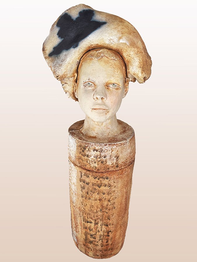 “Thoughts & Memories Container, No 3” ©HG, Mid-fire sculptural clay, engobe, oxide, and underglaze, 17” H x 6” W x 4-1/4” D.