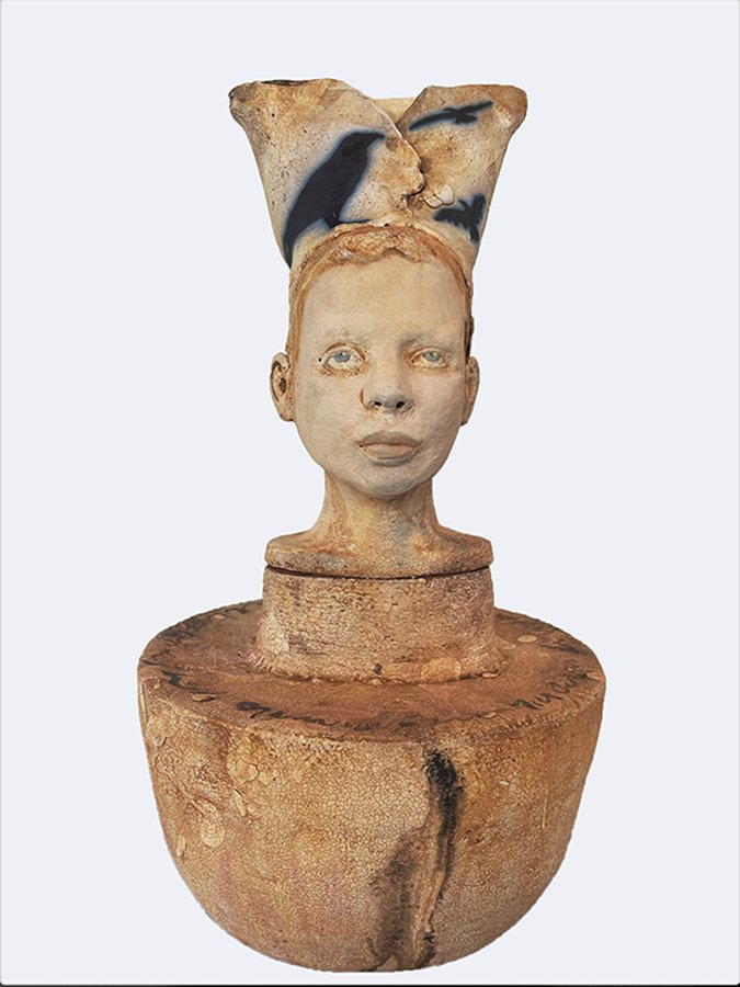 “Thoughts & Memories Container, No 2” ©HG, Mid Fire Sculptural Clay, Engobe, Oxide, and Underglaze, 14” H x 7-1/2” W x 7-1/2” D.