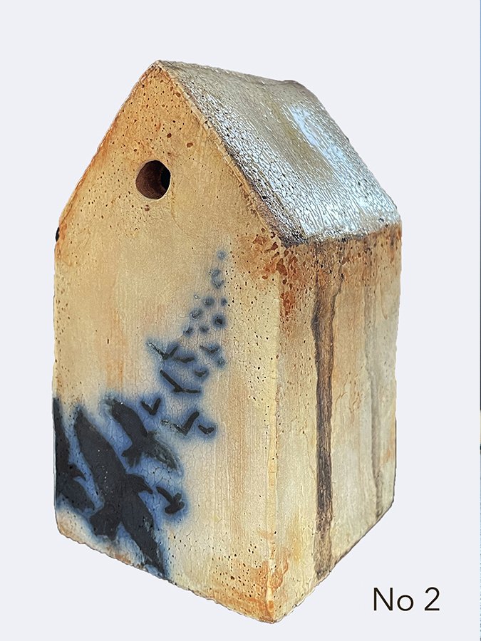 “Thoughts & Memories House, No 2” ©HG (SOLD), Mid Fire Sculptural Clay, Engobe, Oxide, and Underglaze, 8-3/4" x 6" x 3-1/2".