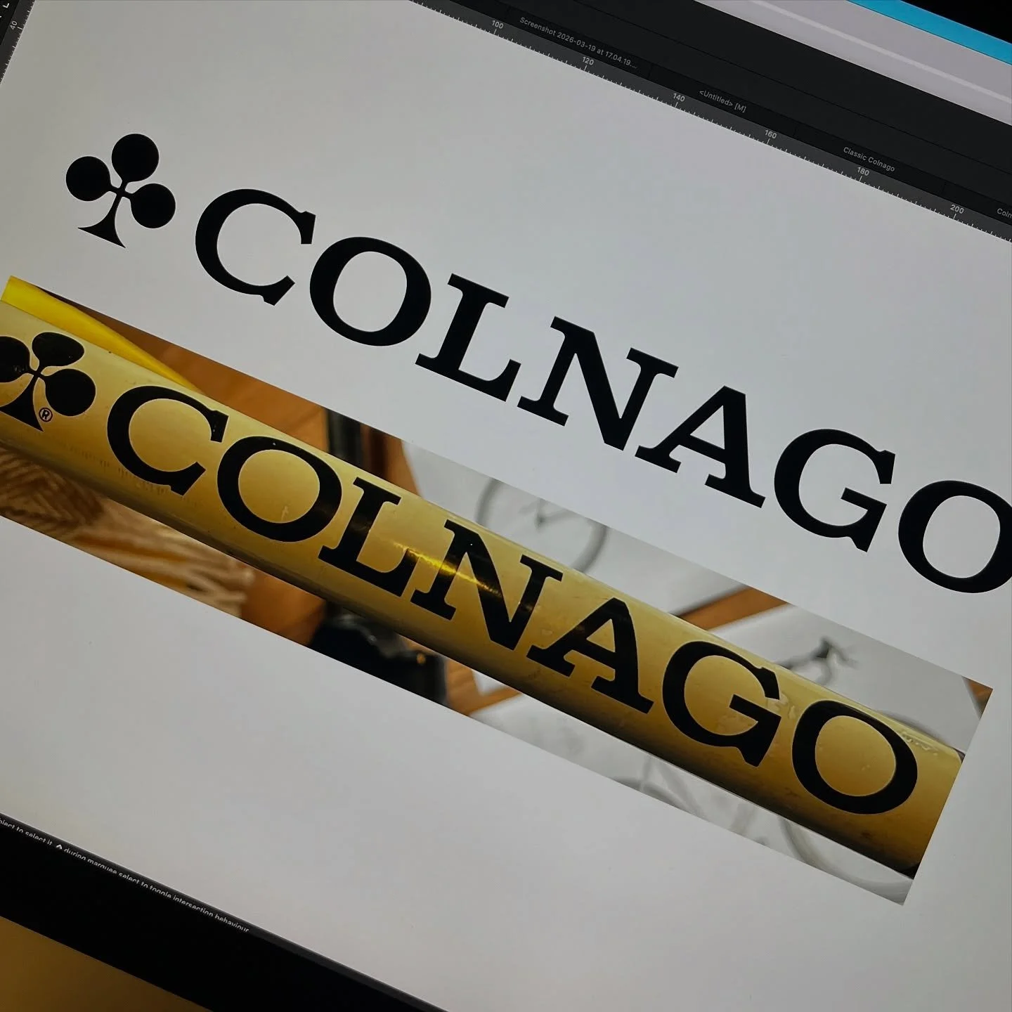 A bit of graphics work this evening and slowly building up a library of bike brand assets. Not sure of the date on this Colnago in for paint but there&rsquo;s been various Colnago logotypes over the years. For any typography geeks out there, this ver