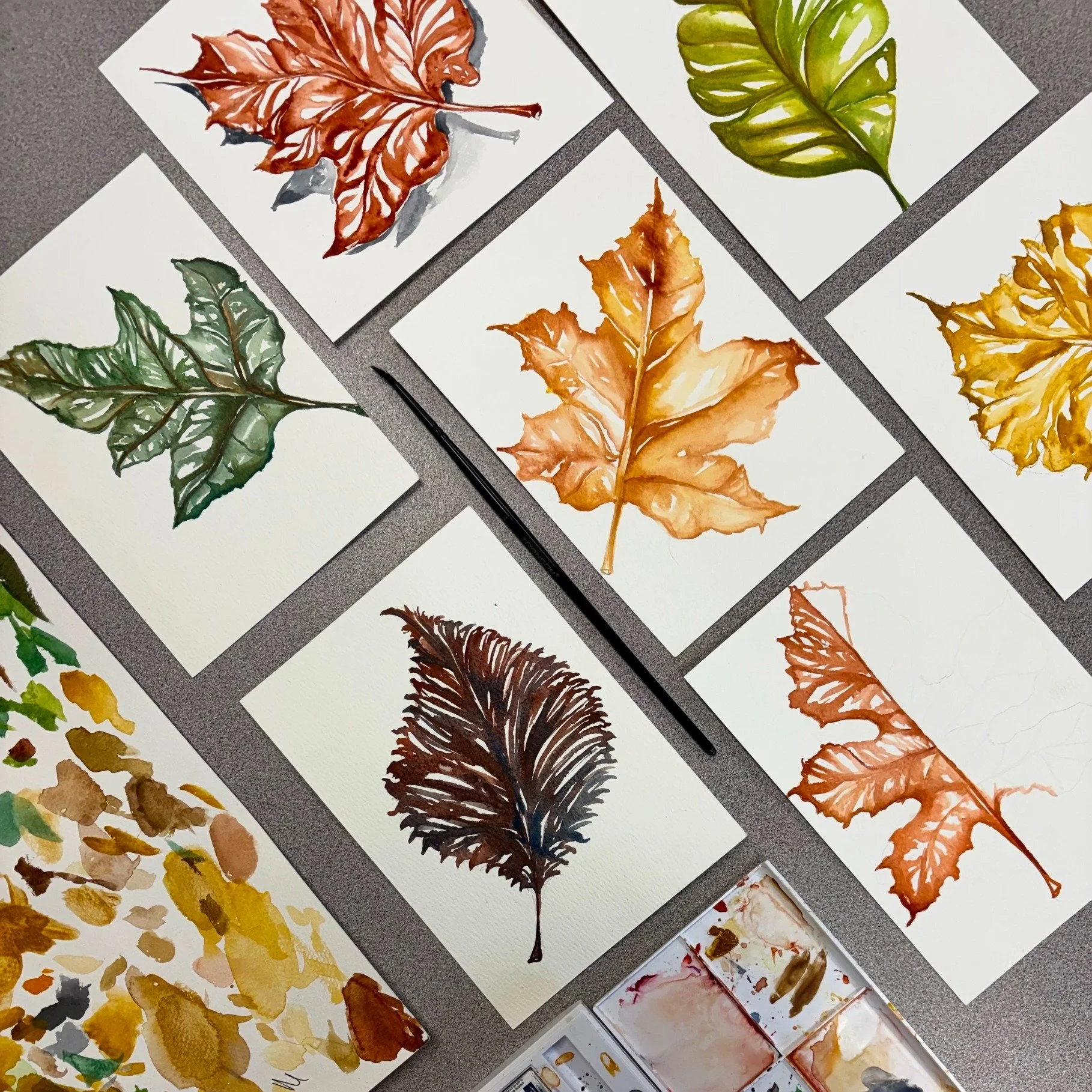 Playing with leaves 🍂

I like warmth much more than the cold. 
But autumn is my favorite color.

I&rsquo;m practicing leaves right now for a foodscape painting I&rsquo;m working on. 
The menu is chef&rsquo;s kiss.
And the meal is surrounded by pumpk