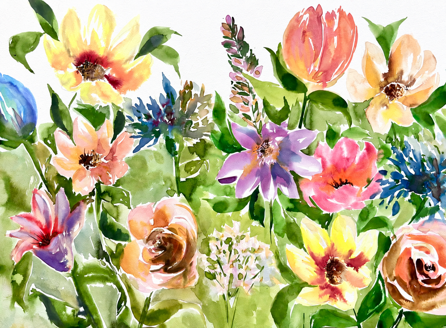 Original watercolor painting featuring a loose, vibrant garden of colorful flowers and greenery. This expressive botanical artwork brings warmth, movement, and ...