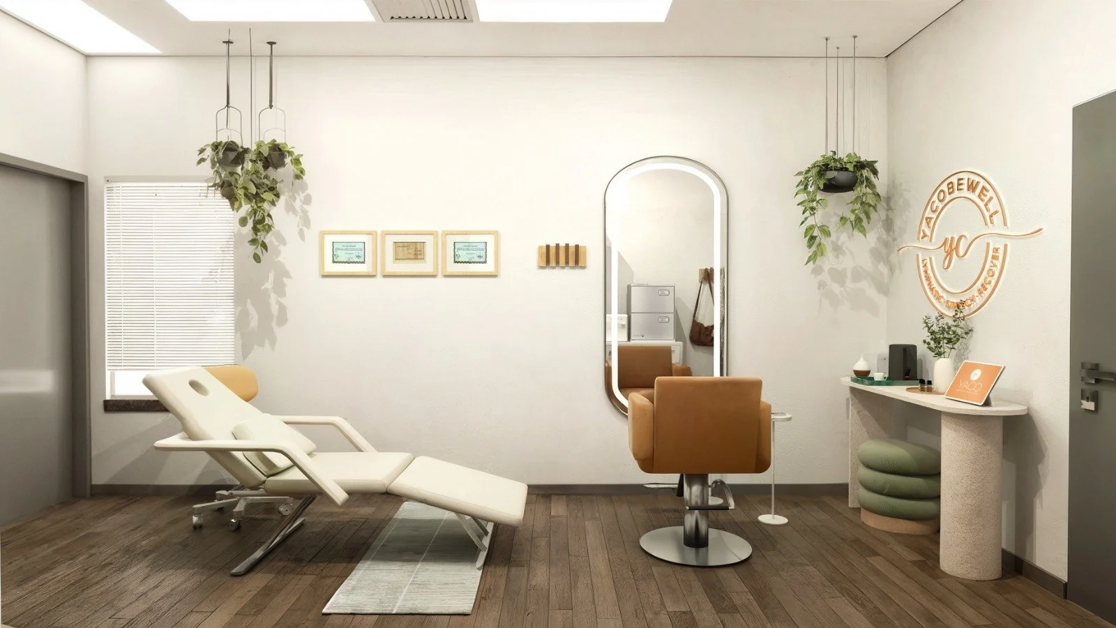 A modern, minimalist medical or beauty clinic reception area with a reclining chair, a mirror, hanging plants, and decorative elements including framed certificates and a illuminated sign that says 'YACO Beauty and Wellness'.