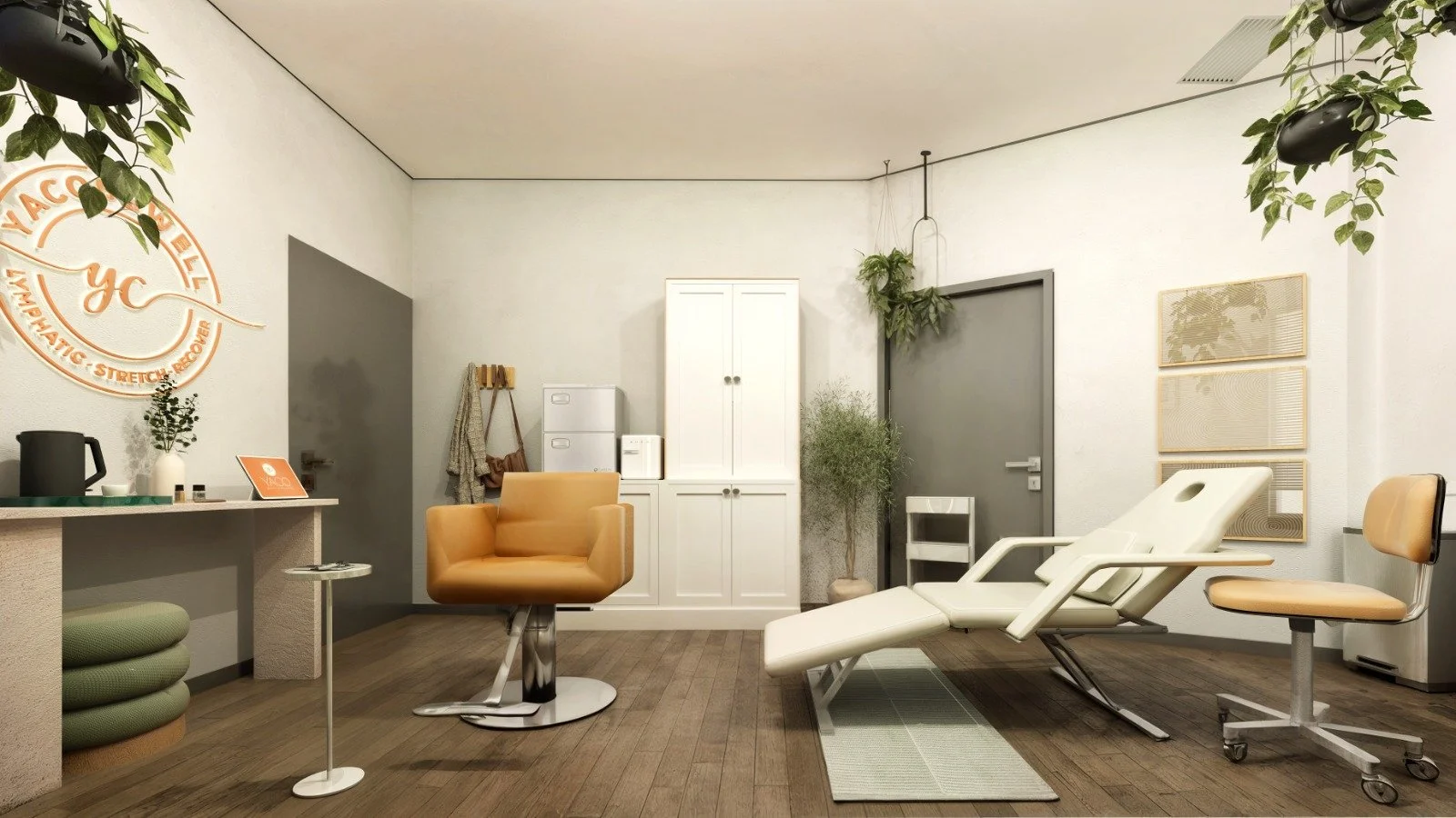 Medical or therapy room with treatment chair, chairs, plants, and medical equipment.