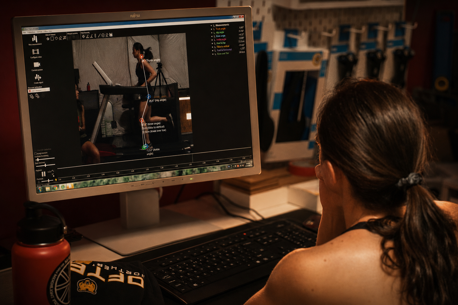 A woman with brown hair tied back, sitting at a desk with her hand resting on her chin, looking at a computer monitor displaying a body measurement analysis of a person performing an exercise on a treadmill.
