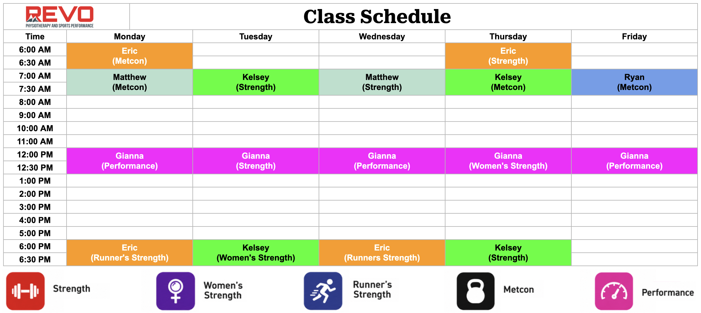 Class schedule with color-coded classes from Monday to Friday, including times from 6:00 AM to 6:30 PM. Classes are labeled with instructor names and focus areas such as Metcon, Strength, Performance, Women's Strength, Runner's Strength. The schedule features a legend at the bottom indicating that red represents Strength classes, purple for Women's Strength, blue for Runner's Strength, black for Metcon, and pink for Performance.