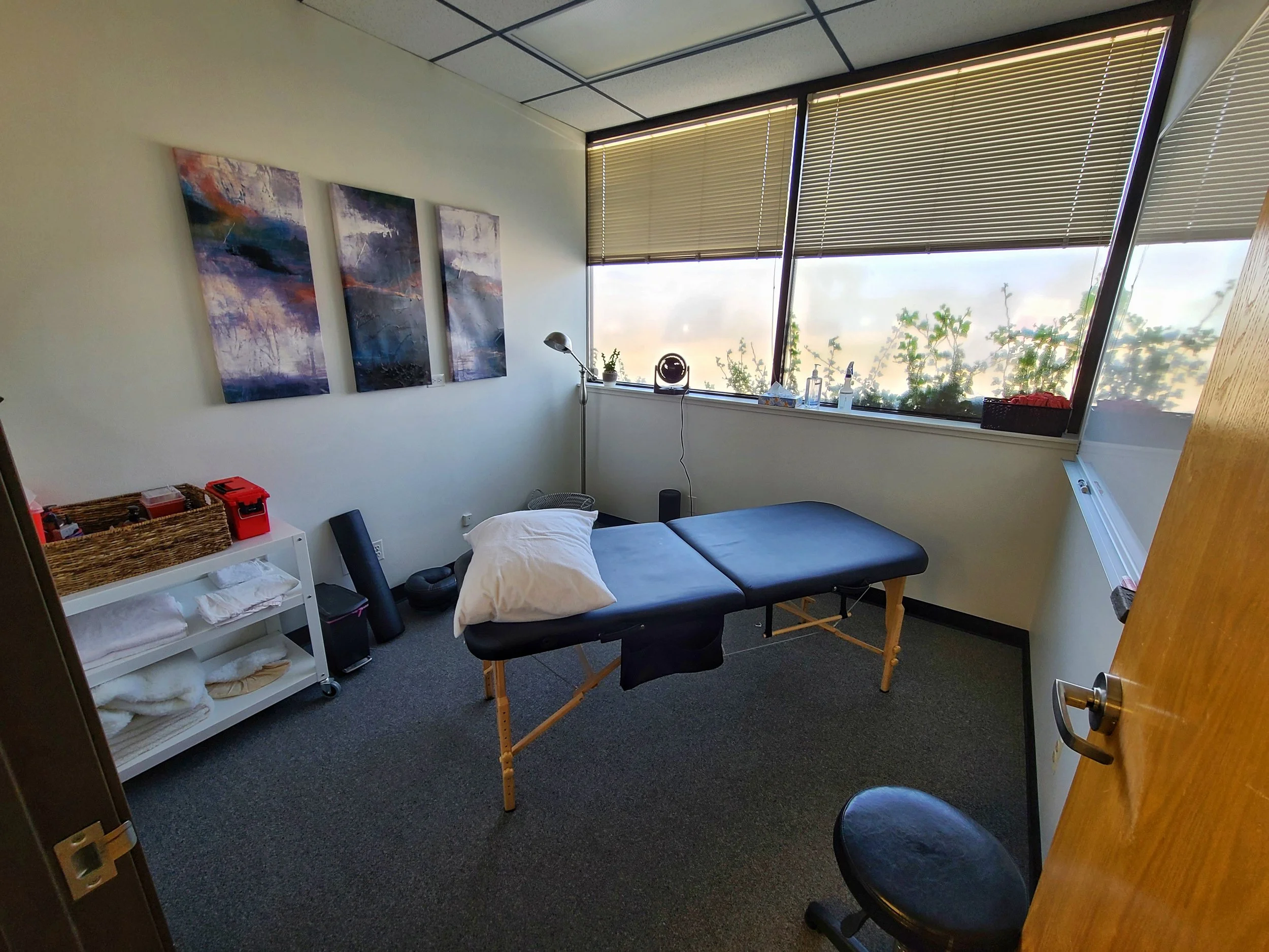 A massage therapy or treatment room with a massage table, framed artwork on the wall, a white cart with towels, a black stool, and a desk lamp by a large window with horizontal blinds, overlooking plants outside.