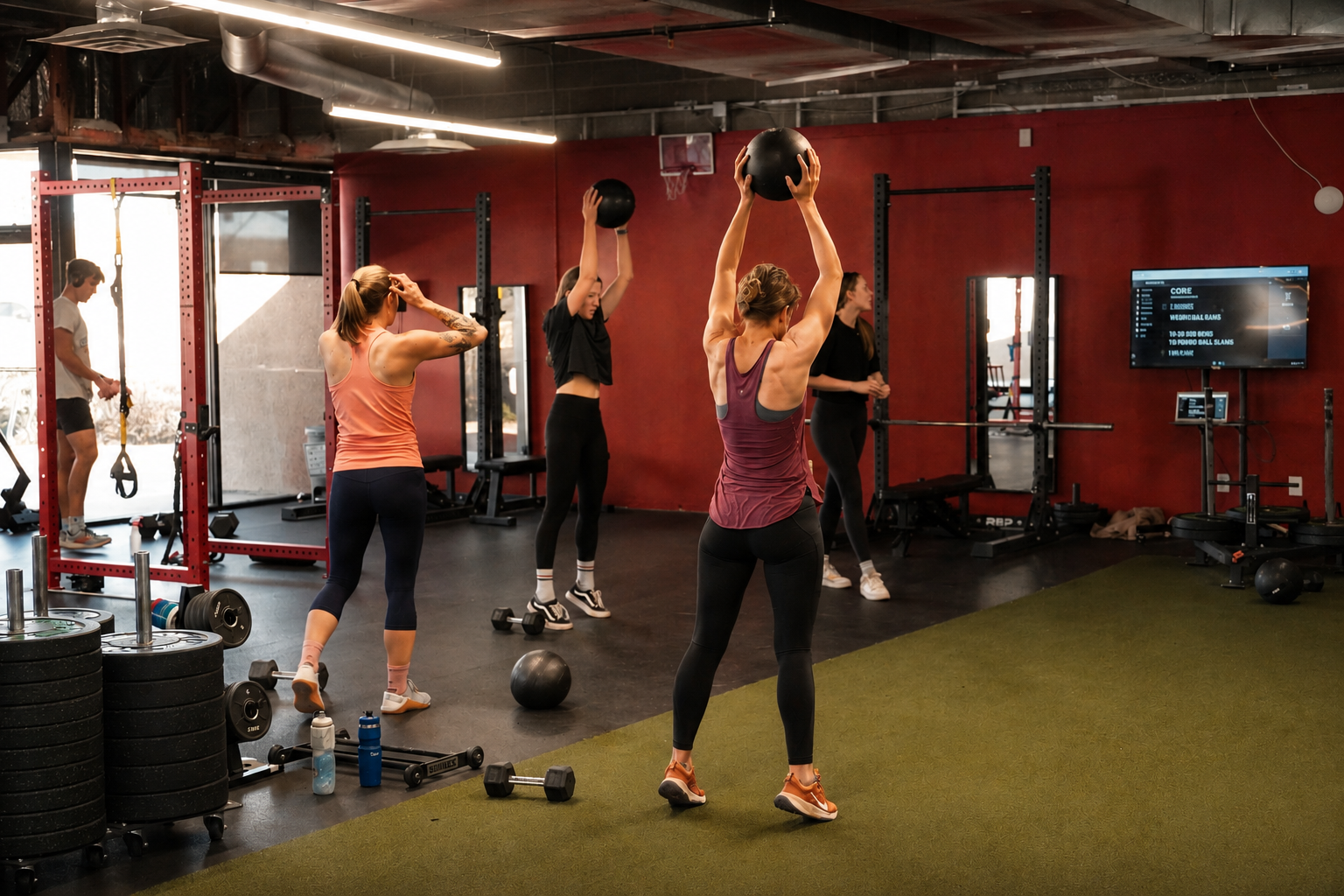 Women working out at a gym, lifting black medicine balls and wearing athletic attire.