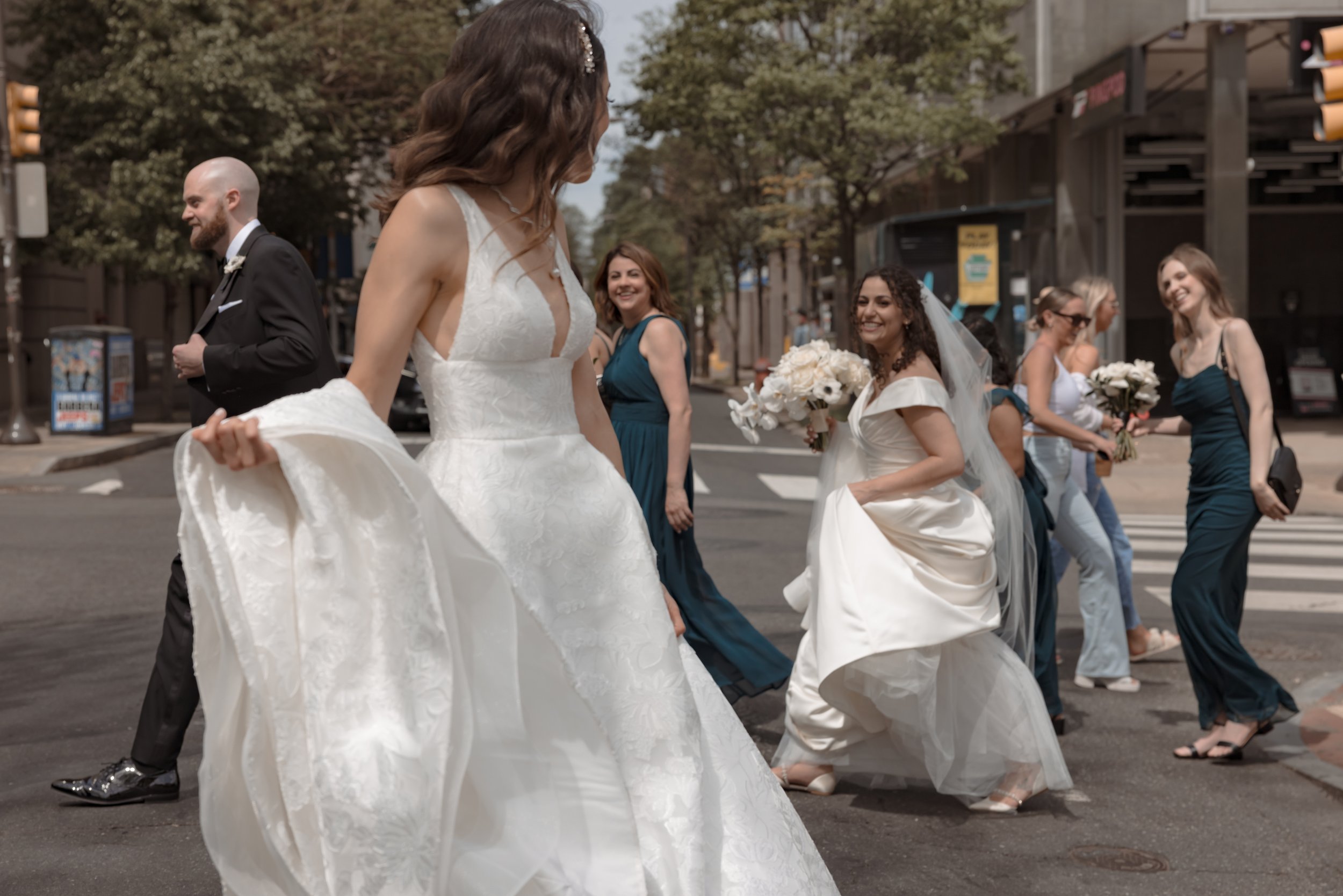 Unexpected Bridal Encounter: Two Brides Share a Moment in Old City Philadelphia