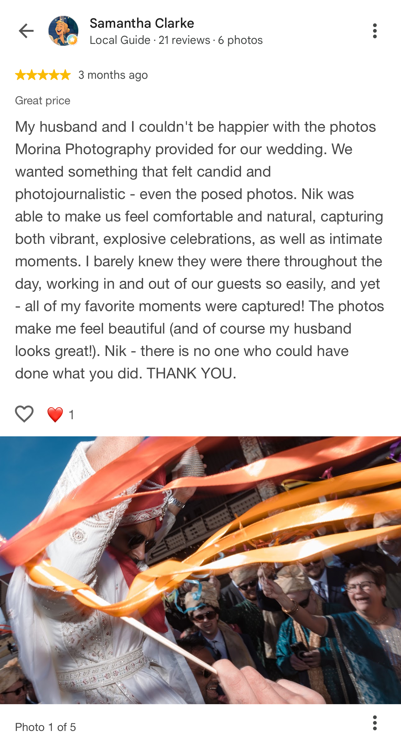 My husband and I couldn't be happier with the photos Morina Photography provided for our wedding. We wanted something that felt candit and photojournalistic - even the posed photos. Nik was able to make us feel comfortable and natural, pacturing both