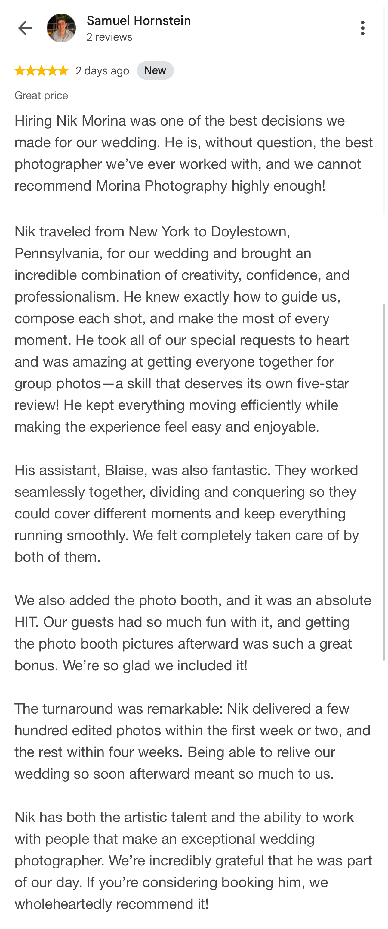 Hiring Nik Morina was one of the best decisions we made for our wedding. He is, without question, the best photographer we've ever worked with, and we cannot recommend Morina Photography highly enough