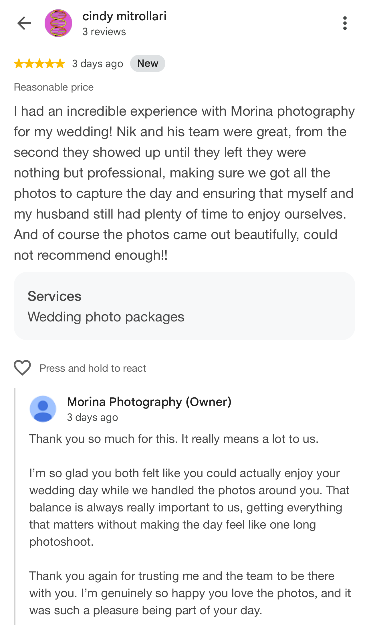 I had an incredible experience with Morina Photography for my Wedding Nik and his team were great, from the second they showed up until they left they were nothing but professional.