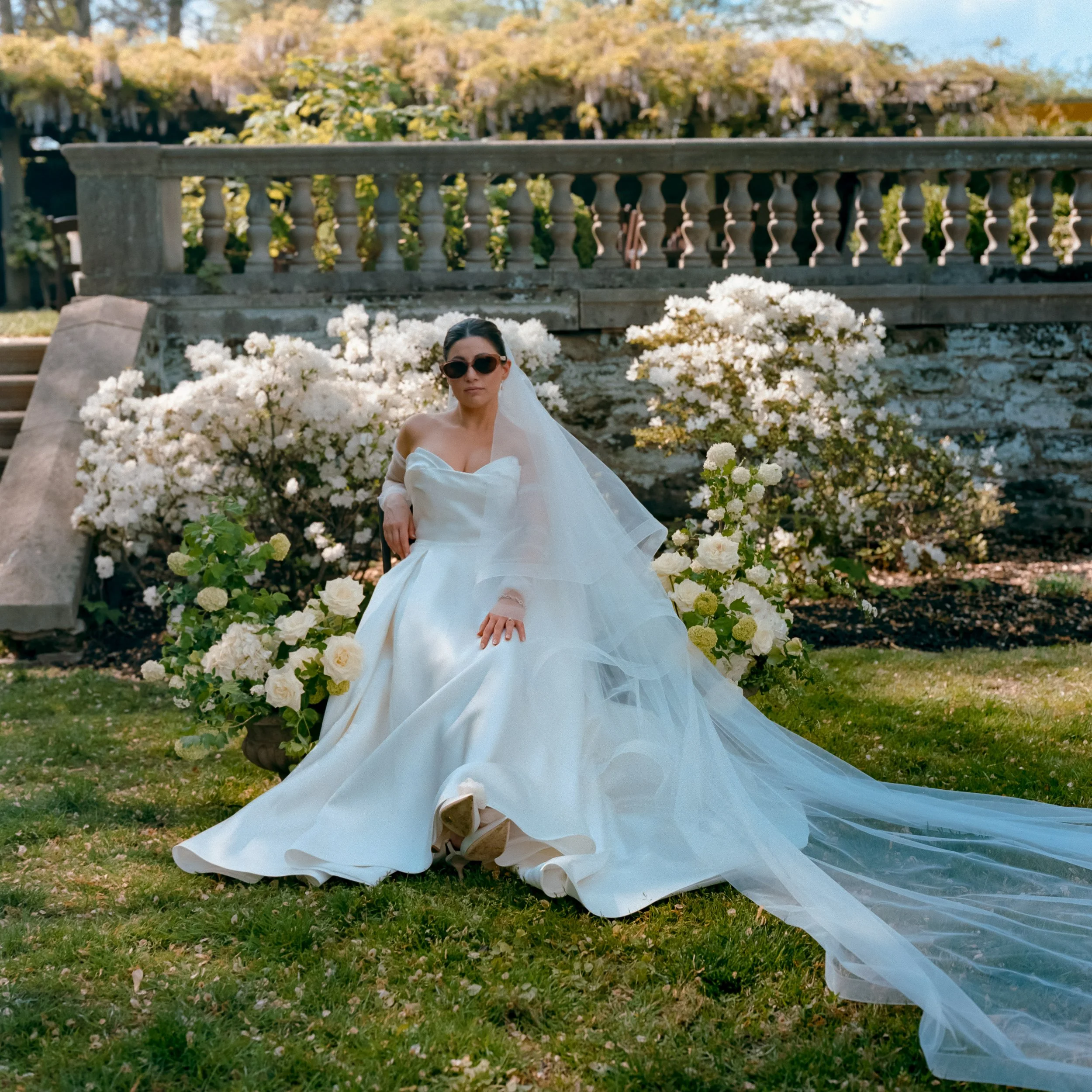 Editorial bridal portrait on film at Curtis Arboretum in Philadelphia