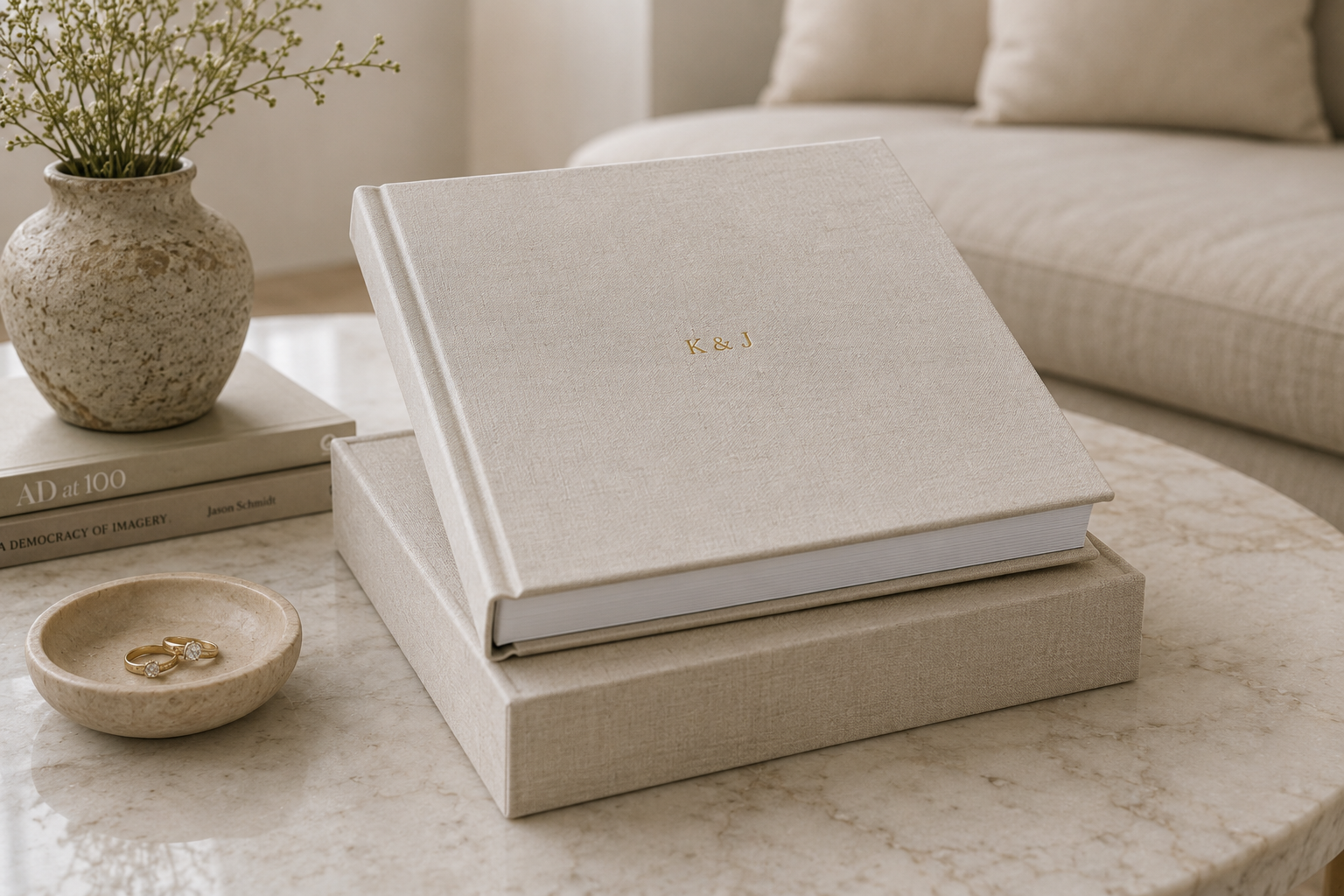 Handmade wedding album displayed in an elegant home setting