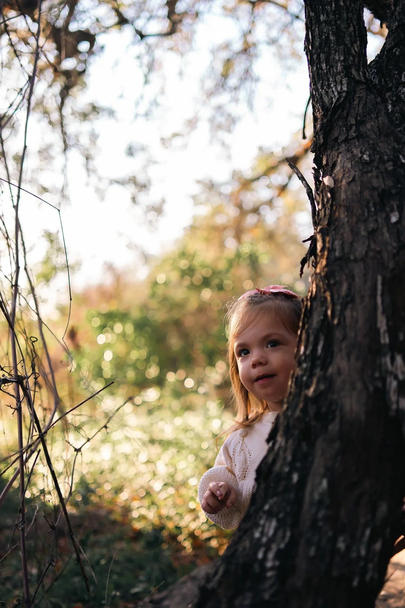 A young girl with light brown hair and a pink bow peeking out from behind a large tree trunk, looking to the side in a wooded area with sunlight filtering through the leaves.