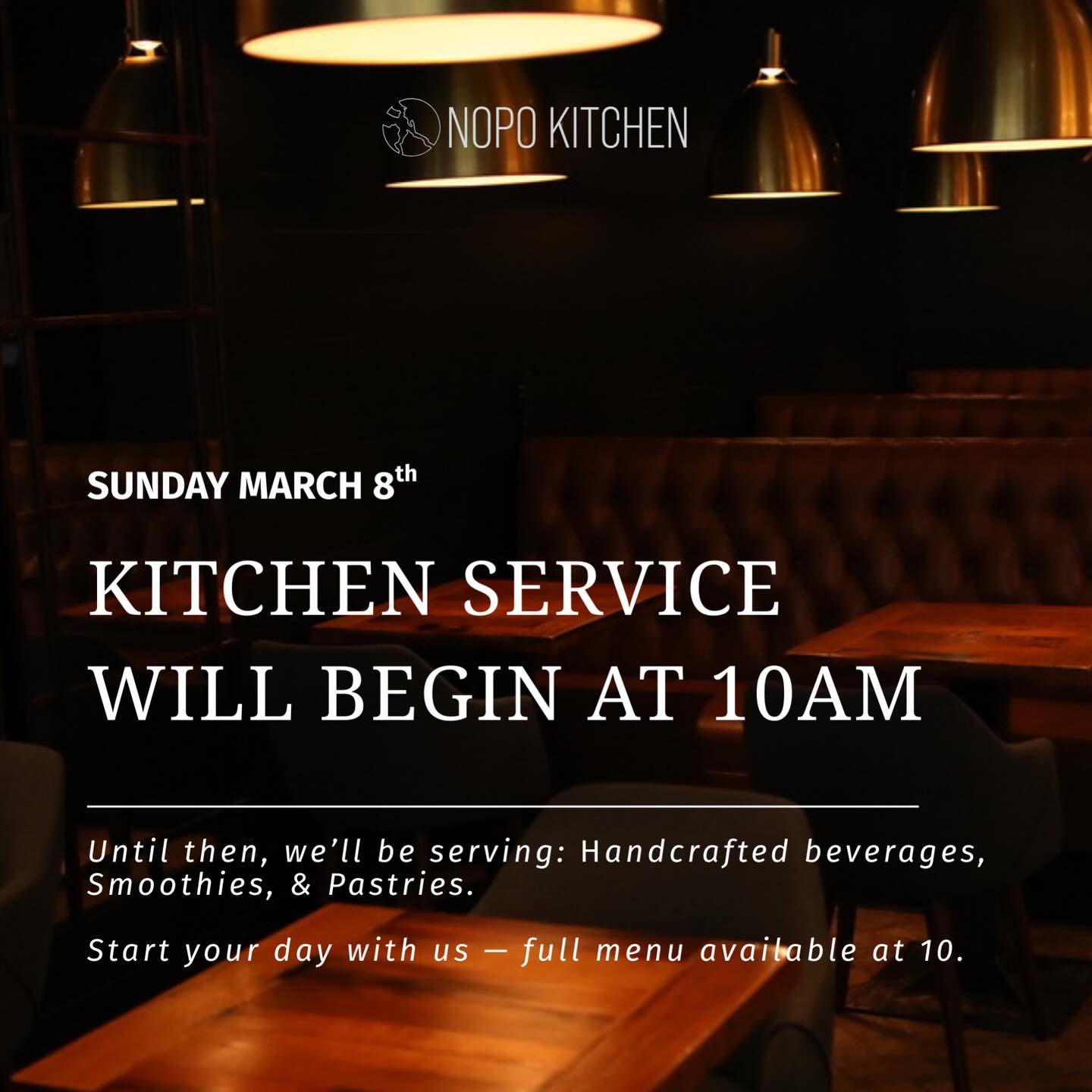 We will be open at 8am tomorrow! Our kitchen will begin service at 10AM due to limited staffing tomorrow (Sunday March 8th). 

In the meantime, we&rsquo;ll have all beverages, smoothies, and pastries available for you. 

We&rsquo;re so sorry for the 