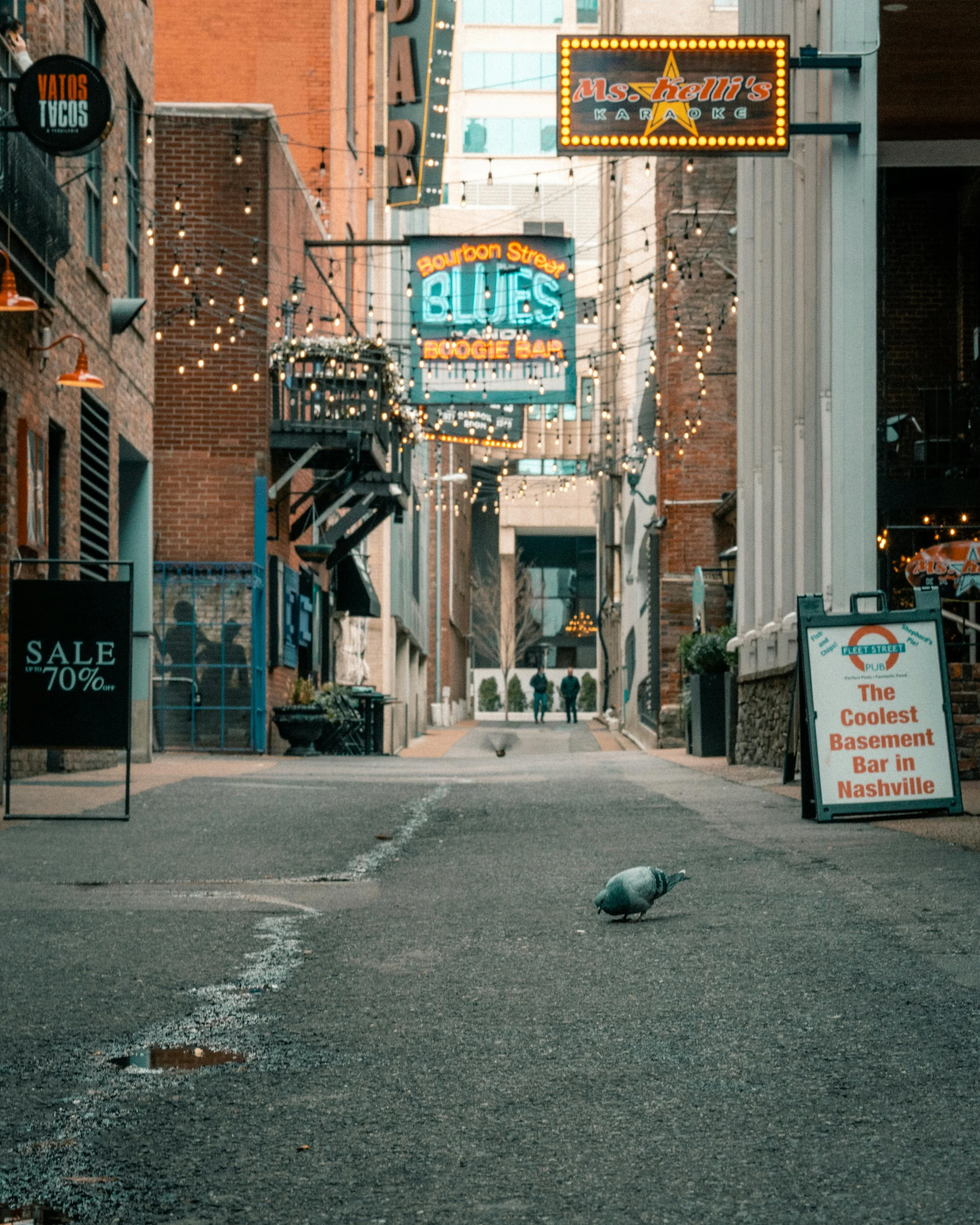 An alley in Nashville with neon signs for blues and jazz bars, string lights, and a few pigeons on the ground. People can be seen walking in the distance.
