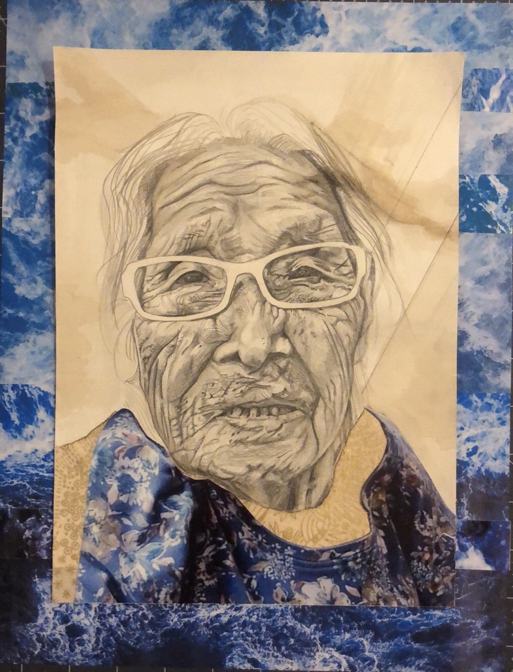 “Nan”
2016 (?)
Mixed media, graphite, fabric, photo collage, kuuvviaq (coffee)
