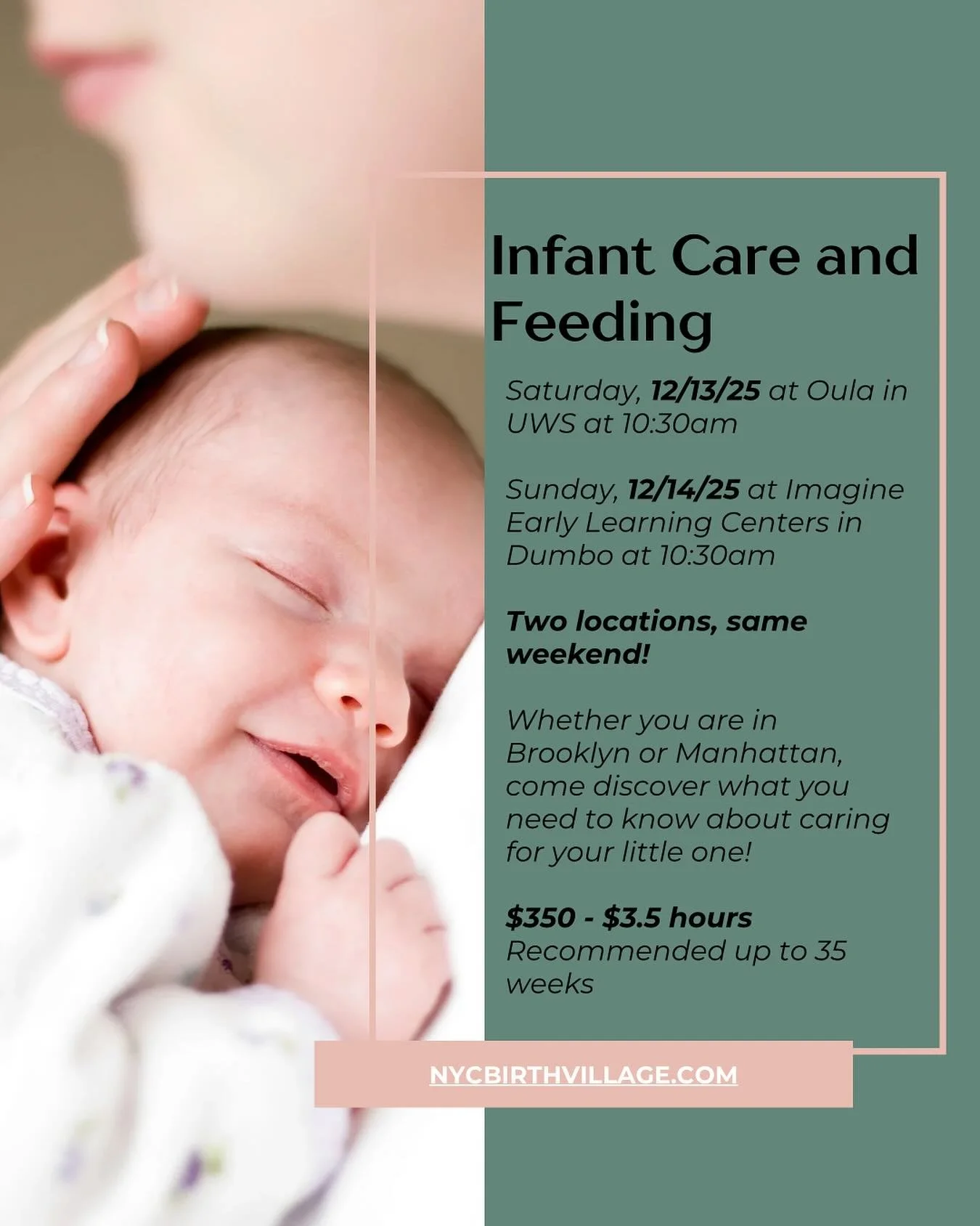 Giving birth in the new year? ✨

Now&rsquo;s the time to prepare for postpartum. 

Join our Infant Care and Feeding Class at Oula on the UWS or Imagine Early Learning Centers in Dumbo for guidance on taking care of your newborn!

#infantcare #prenata