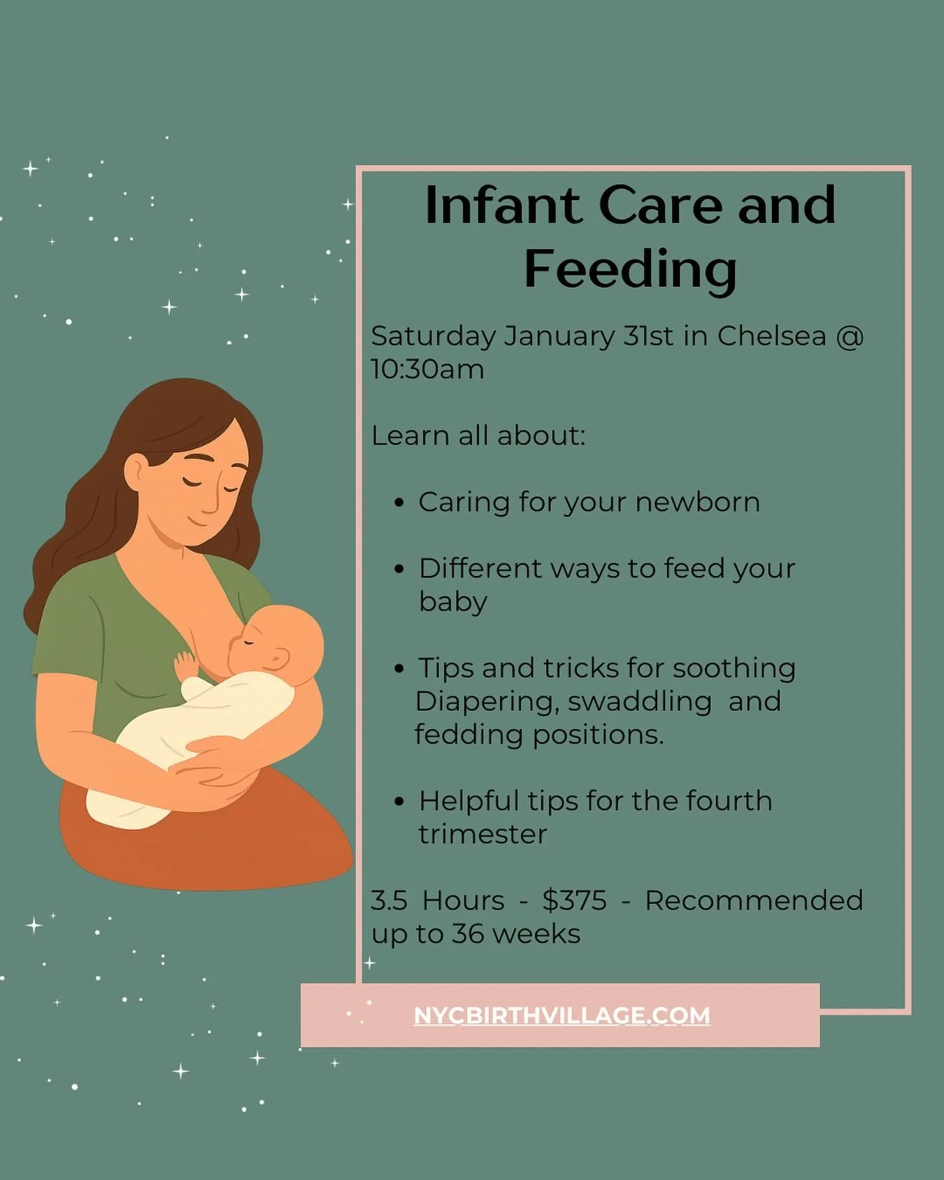 Come join us in Chelsea for our Infant Care and Feeding Class where you can meet other pregnant folks and learn all about newborns! 👶🏻 

#newborn #childbirth #infantcare #feedingbabies #postpartumdoula #nycbirthvillage #postpartum #nycdoulas #newpa